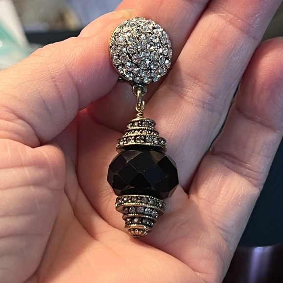Vtg Heidi Daus Rhinestone Drop Pierced Earrings with black faceted glass NIB - Picture 3 of 8